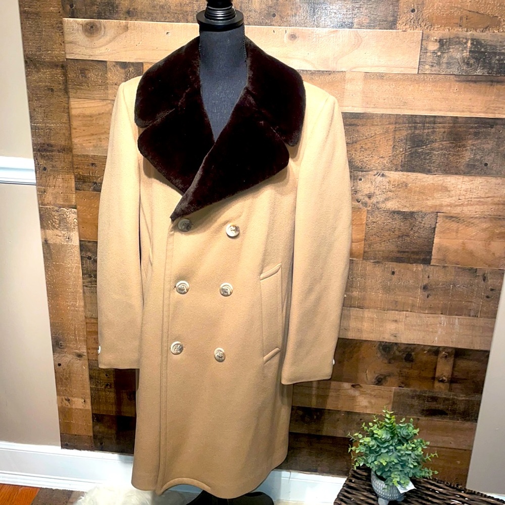 Vintage 80’s Beige  double breasted Wool Coat with faux fur lining size …